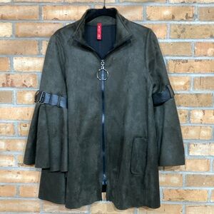 IC By Connie K Olive Green Suede Swing Coat Bell Tab Sleeve Circle Zipper Size S